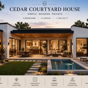 Puede incluir: Un diseño de casa moderna titulado THE CEDAR COURTYARD HOUSE, con 3 dormitorios, 2.5 baños y 1,750 pies cuadrados. El exterior muestra una casa blanca con paneles de madera, grandes ventanas negras, una terraza cubierta y una piscina pequeña.