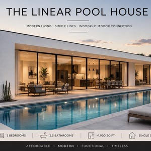 May include: A single-story white house with large glass sliding doors, a rectangular swimming pool, and lounge chairs. Text reads: THE LINEAR POOL HOUSE, MODERN LIVING. SIMPLE LINES. INDOOR-OUTDOOR CONNECTION. 3 BEDROOMS, 2.5 BATHROOMS, 1,900 SQ FT.