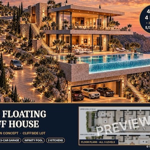 May include: A multi-level modern cliffside house featuring an infinity pool, a three-car garage, and expansive glass walls. The text reads: THE FLOATING CLIFF HOUSE, 4 BED 4 BATH + 2 POWDER, 5,170 SQ FT, HOUSE PLAN CONCEPT, CLIFFSIDE LOT.
