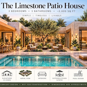 May include: A digital architectural concept of a limestone house featuring a central private patio with a swimming pool, an olive tree, and outdoor seating. Text includes The Limestone Patio House, 3 bedrooms, 3 bathrooms, 2,000 sq ft, and icons for floor plans, elevations, and design specifications.