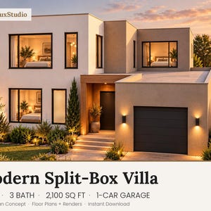 May include: A two-story house plan titled Modern Split-Box Villa by WuduLuxStudio. The exterior features white and beige walls, large windows, a dark garage door, and warm lighting. Text includes 4 BED, 3 BATH, 2,100 SQ FT, 1-CAR GARAGE.