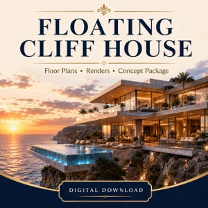 以下が含まれることがあります： FLOATING CLIFF HOUSEと題されたデジタルダウンロードドキュメント。フロアプラン、レンダリング、コンセプトパッケージが含まれています。画像には、ガラスの壁と海を見渡すインフィニティプールを備えた、現代的な多層階の住宅が写っています。