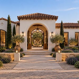 Puede incluir: Una casa de una planta con paredes de estuco blanco, techo de tejas de terracota y una entrada central arqueada. El exterior cuenta con cipreses altos, olivos en macetas, muros de piedra y un camino pavimentado hacia la puerta principal.