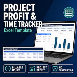 Könnte beinhalten: Eine Excel-Vorlage zur Projektgewinn- und Zeiterfassung auf einem Laptop-Bildschirm. Die Benutzeroberfläche zeigt ein Dashboard zur Projektrentabilität mit Diagrammen, Tabellen und Datenspalten für Gesamtstunden, abrechenbaren Wert und Kosten.