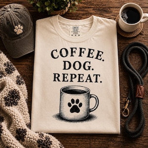 May include: A cream-coloured t-shirt featuring the black text COFFEE. DOG. REPEAT. above a graphic of a coffee mug with a paw print. The shirt is displayed alongside a dark grey baseball cap with a paw print, a coffee mug, and a black rope leash.