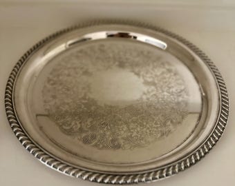 Vintage Wm Rogers Silverplate Tray, Etched Floral Rope Edge Platter