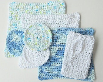 Washcloths Face Scrubbies Soap Saver Cotton  Dishcloths Ready To Ship Spa Set Fathers Day Gift Mothers Birthday Present