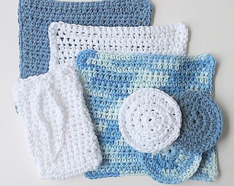 Cotton Washcloths Dish Cloths Set Face Scrubbies Soap Saver Blue And White Fathers Day Spa Gift Mothers Birthday Present Ready To Ship