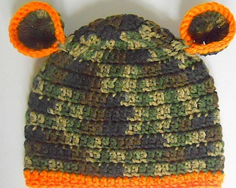 Preemie Newborn To Adult Camouflage Hat With Ears And Orange Trim 3 6 9 Month Baby Green Camo Girl Cap Toddler Teen Fall Hunting Beanie