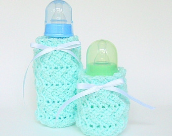Two Pastel Green Baby Bottle Covers With White Ribbon  Kozy Set 2 Light Mint Cozies Newborn Girl Cozy Infant Boy  Feeding Accessory