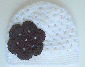 Preemie Newborn To Adult White Hat With Black Flower  Girl Cap Reborn Doll Baby Beanie Matching Mother Daughter Teen Cloche Ready To Ship