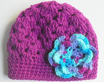 Newborn Purple Hat 2 3 4 5 Year Old Toddler Beanie  3 6 9 12 Month Old Winter Cap Preteen Fall Cloche With  Multi Color Flower Ready To Ship