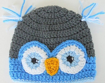 Baby Owl Hat Toddler Boy Grey And Blue Bird Beanie Newborn Infant Girl Halloween Cap Zoo Animal Photo Prop Ready To Ship