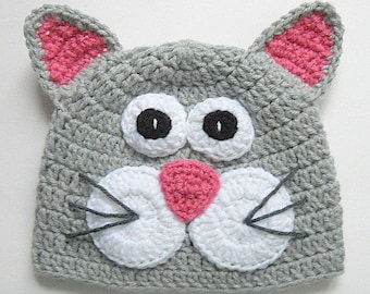 Newborn Baby Cat Hat  Girl Grey And Pink Kitten Cap Boy  Animal Beanie Ready To Ship Kitty Photo Prop Infant Halloween Clothes