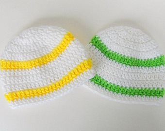 Preemie Newborn Twins  White Hat With Green Or Yellow Stripes Girl Cap 3  Month Baby Boy  Beanie  Ready To Ship Reborn Doll Clothing