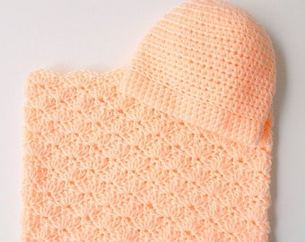 Coral Bunting And Hat Set Newborn Boy Peach Sleep Sack With Cap Infant Girl Salmon Cocoon And Beanie Pastel Orange Ready To Ship Shower Gift