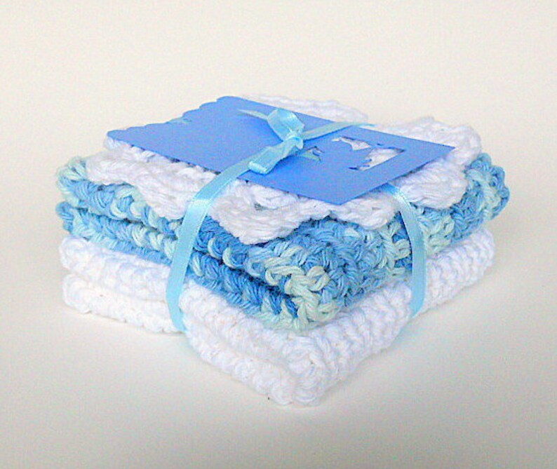 White And Blue Cotton Baby Washcloths With Gift Tag Infant Boy Etsy