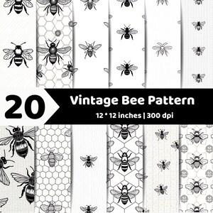 Op de afbeelding: Een collectie van 20 digitale patronen met zwart-witte bijenillustraties en honingraatmotieven. De afbeelding bevat de tekst 20 Vintage Bee Pattern 12 * 12 inches | 300 dpi, met diverse herhalende insectontwerpen op een witte achtergrond.