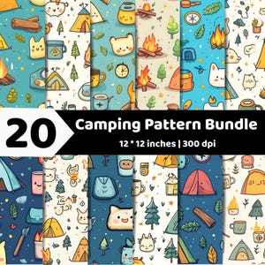 Könnte beinhalten: Eine digitale Sammlung von 20 Camping-Mustern mit Cartoon-Illustrationen von Zelten, Lagerfeuern, Bäumen, Tassen und lächelnden Gesichtern. Der Text 20 Camping Pattern Bundle 12 * 12 inches | 300 dpi ist in der Mitte des Bildes zu sehen.