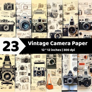 Vintage Camera Digital Paper Bundle | Retro Photography Backgrounds | Antique Sketch Printable PNG Pack