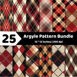 Puede incluir: Una colección digital de 25 patrones de rombos con diversos diseños en paletas de colores rojo, negro, beige y marrón. El texto 25 Argyle Pattern Bundle 12 * 12 inches | 300 dpi aparece en el centro de la imagen.