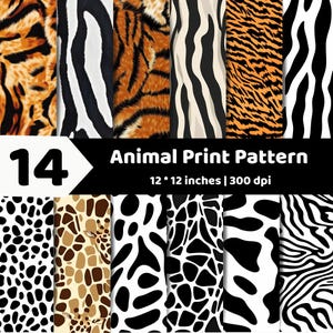 Puede incluir: Una colección digital de 14 patrones de estampado animal con rayas de tigre, rayas de cebra, manchas de jirafa y manchas de leopardo. El texto 14 Animal Print Pattern 12 * 12 inches | 300 dpi aparece en blanco y negro en la imagen.