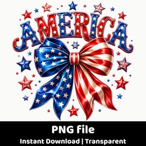 May include: A graphic design featuring the word AMERICA in bold, red, white, and blue letters with star patterns. Below the text is a large, glossy bow with one side featuring a blue field with white stars and the other side with red and white stripes.