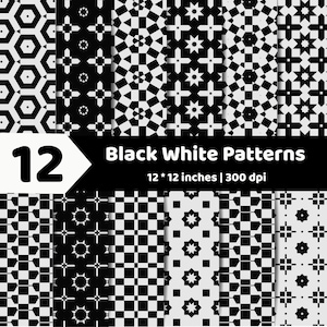 May include: A collection of 12 black and white digital patterns featuring geometric shapes, stars, and grid designs. The image includes the text 12 Black White Patterns 12 * 12 inches | 300 dpi, showcasing a variety of high-contrast graphic motifs.