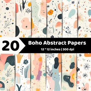 Op de afbeelding: Een collectie van 20 digitale papieren met abstracte patronen van organische vormen, florale elementen en sterren in perzik, salie en donkerblauw op een crèmekleurige achtergrond. De tekst luidt 20 Boho Abstract Papers 12 * 12 inches | 300 dpi.