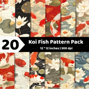 May include: A digital collection of 20 Koi fish patterns featuring various illustrations of orange, white, and red fish swimming among lotus flowers and lily pads. The text reads 20 Koi Fish Pattern Pack 12 * 12 inches | 300 dpi.