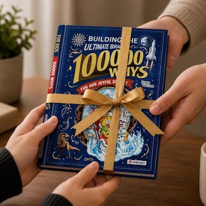 May include: A blue hardcover book titled Building the Ultimate Brain 100000 Whys Fun and Joyful Science, featuring illustrations of a space shuttle, a dinosaur, and cartoon characters, wrapped in a gold ribbon with a bow on the front cover.