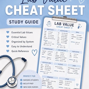 May include: A light blue study guide titled Lab Value Cheat Sheet featuring a clipboard with medical laboratory reference ranges for hematology, electrolytes, renal, cardiovascular, liver, coagulation, blood gas, glucose, lipids, and urinalysis.