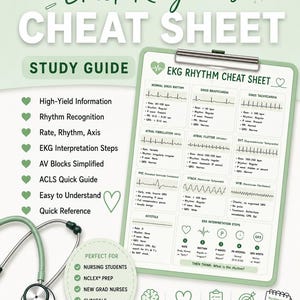 Könnte beinhalten: Ein hellgrüner EKG Rhythms Cheat Sheet Lernleitfaden auf einem Klemmbrett mit Stethoskop. Das Dokument enthält medizinische Diagramme für Sinusrhythmen, Vorhofflimmern und ventrikuläre Tachykardie sowie EKG-Interpretationsschritte und Text.
