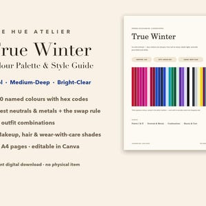 Könnte beinhalten: Ein digitaler True Winter Farbpaletten- und Styleguide von The Hue Atelier. Das Dokument enthält Text, eine Liste von 30 benannten Farben mit Hex-Codes, Outfit-Kombinationen und ein vertikales Balkendiagramm mit verschiedenen Rot-, Blau-, Grün- und Schwarztönen.
