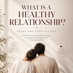 Op de afbeelding: Een NUIT Mindful Living gids getiteld WHAT IS A HEALTHY RELATIONSHIP? NEEDS AND EXPECTATIONS. De tekst bevat een gids voor het opbouwen van verbinding, respect en steun. Een cirkelvormige badge luidt BUILDING STRONGER RELATIONSHIPS EVERY DAY.