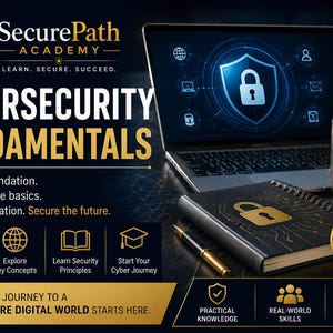 May include: A promotional graphic for SecurePath Academy Cybersecurity Fundamentals featuring a laptop displaying a digital shield and lock icon, a black notebook with a gold lock emblem, a black mug with a logo, and a pen on a dark desk surface.