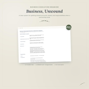 Lista de verificación para la disolución de sociedades comerciales / Organizador para el cierre de negocios / Rastreador de activos compartidos / Hojas de cálculo editables en Excel y Google Sheets