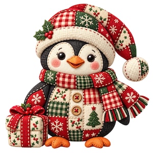 May include: A plush penguin figurine featuring a patchwork design of red, green, and cream fabric with snowflake, holly, and tree patterns. The penguin wears a matching hat and scarf, has two wooden buttons on its chest, and holds a gift box.