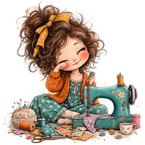 Könnte beinhalten: Eine Cartoon-Illustration einer Person mit lockigem braunem Haar und einer gelben Schleife, die eine orangefarbene Strickjacke und ein Blumenkleid trägt, neben einer türkisfarbenen Nähmaschine, einem Nadelkissen, Garnrollen und einer Schere.