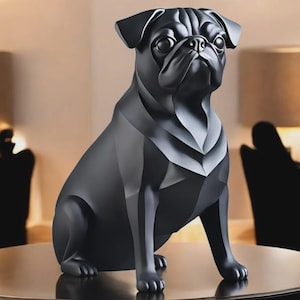May include: A matte black figurine of a pug dog in a seated position. The sculpture features smooth, geometric surfaces and defined facial folds, capturing the alert expression and characteristic physical build of the breed in a solid dark finish.
