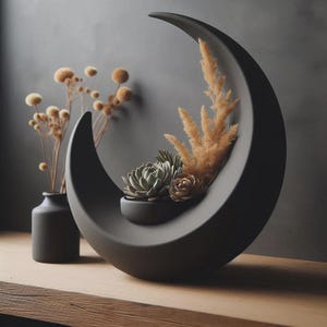 Könnte beinhalten: Ein matt-schwarzer Pflanzkübel in Form eines Halbmonds mit einer grünen Sukkulente und beigem Trockengras, neben einer kleinen matt-schwarzen Vase mit einem Strauß aus beigen, kugelförmigen Trockenblumen an dünnen Stielen.