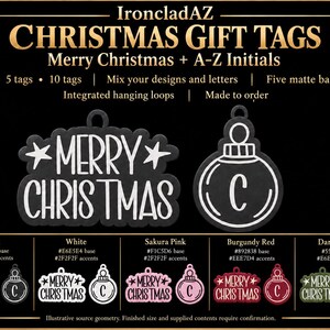 May include: Black Christmas gift tags with white text reading Merry Christmas and a circular tag with the letter C. The display shows five color variations including black, white, sakura pink, burgundy red, and dark green with integrated hanging loops.