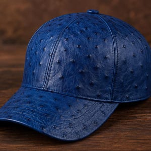 Blue Ostrich leather Cap embossed With Adjustable Closure Handmade In The USA