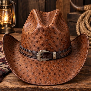 Peut inclure: Un chapeau de cowboy marron avec une texture façon peau d'autruche, doté d'une bande en cuir marron foncé ornée d'un motif floral en relief et d'une boucle en métal vieilli centrée sur le devant de la calotte.