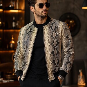 Cream with Black & Brown Snake skin Motorcycle Men's Python Leather Jacket biker Motorcycle lederjacken
