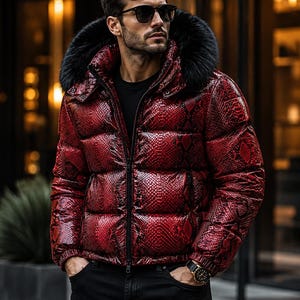 Men's Python Print Puffer Leather Jacket With Faux Fur, Designer Inspired Coat