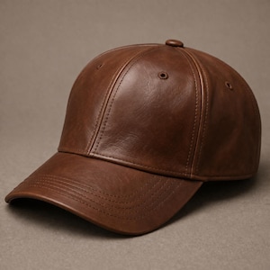 May include: A brown baseball cap with a smooth, leather-like texture. The cap features a structured six-panel crown with matching stitching, a curved brim with parallel decorative lines, and a small button at the top centre of the crown.