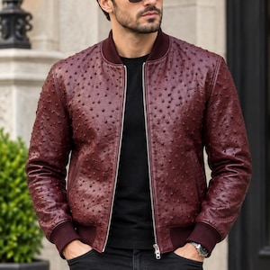 Men's Handmade Ostrich Leather Jacket Luxury Exotic Outerwear