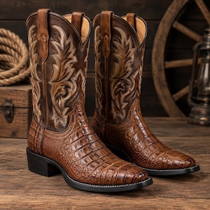Op de afbeelding: Een paar bruine leren cowboylaarzen met een textuur van krokodillenleer op de voet en een hoge schacht met ingewikkelde crèmekleurige stiksels. De laarzen hebben een vierkante neus, een blokhak en treklussen aan de bovenkant van de schacht.