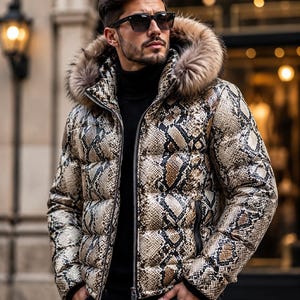 Men's Python Snakeskin Leather Puffer Jacket Faux Fur Collar and Hood